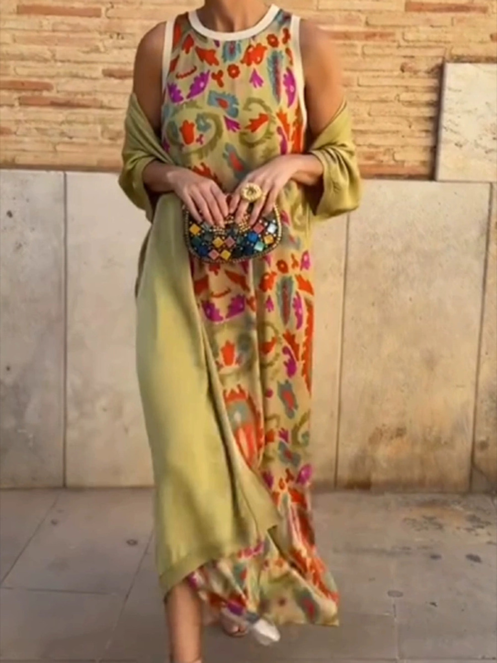 ZARA Digital Print Crew Neck Tank Maxi Dress with UV Protection Cardigan